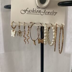 4344 NIP 5 Pair Goldtone Hoops Faux Pearls Contemporary Drop Earrings Studs